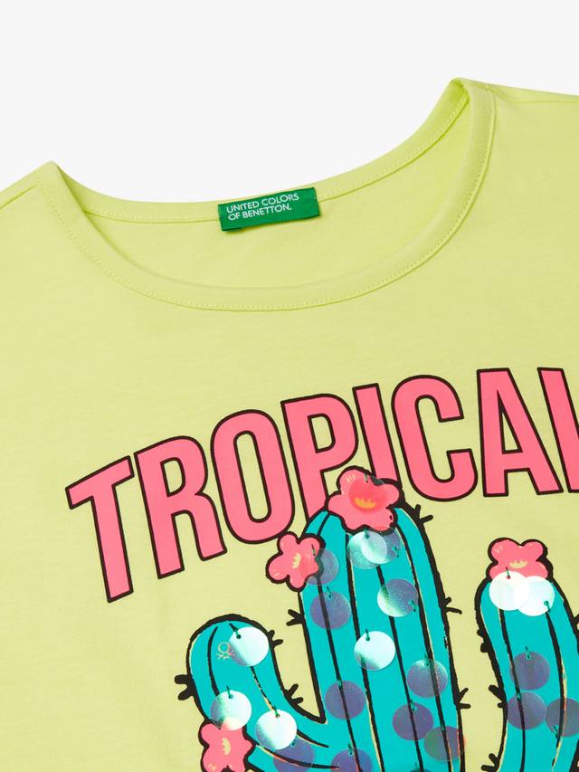 Детская хлопковая футболка с тропическими кактусами Benetton, Lime — фото 3