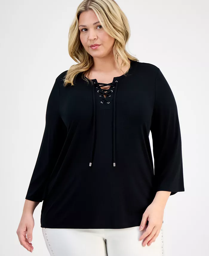 

Топ с разрезом на шее и шнуровкой, Plus Size JM Collection, черный