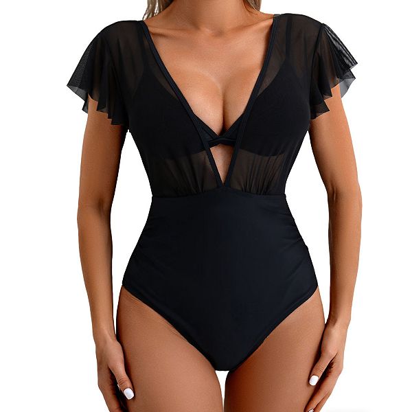 

Женский купальник V-образного выреза с рюшами, коротким рукавом, 3 детали, прозрачная вставка спереди, вырез, регулируемые бретели Clearflower, Black