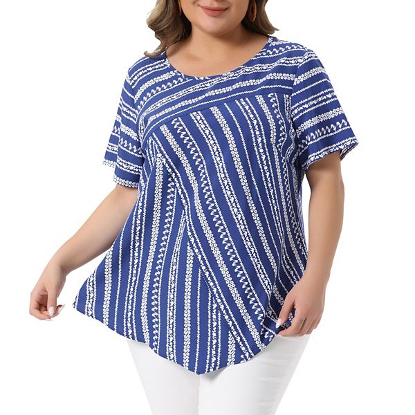 

Женская блузка plus size с круглым вырезом и коротким рукавом в полоску Agnes Orinda, Dark Blue