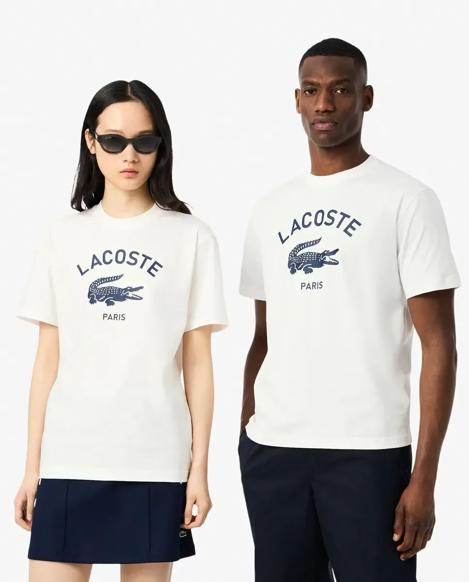 Унисекс хлопковая футболка с эксклюзивным принтом и коротким рукавом Lacoste, белый