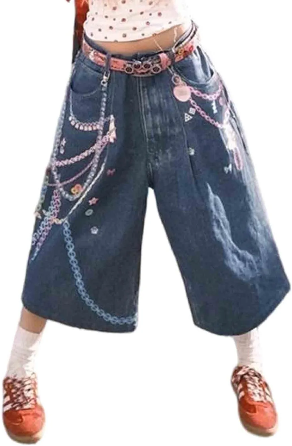 

Женские джинсы Y2k в ретро-уличном стиле с 3D-принтом цепью, свободные укороченные брюки-клеш CBDAO