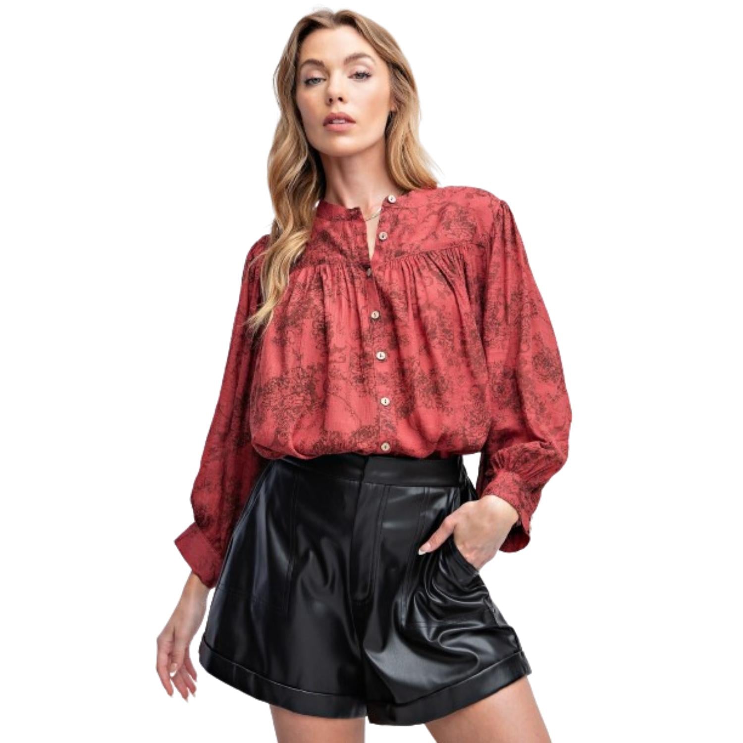 

Топ из крепа с застежкой на пуговицы и принтом, рукава 3/4 FASHNZFAB, цвет wine
