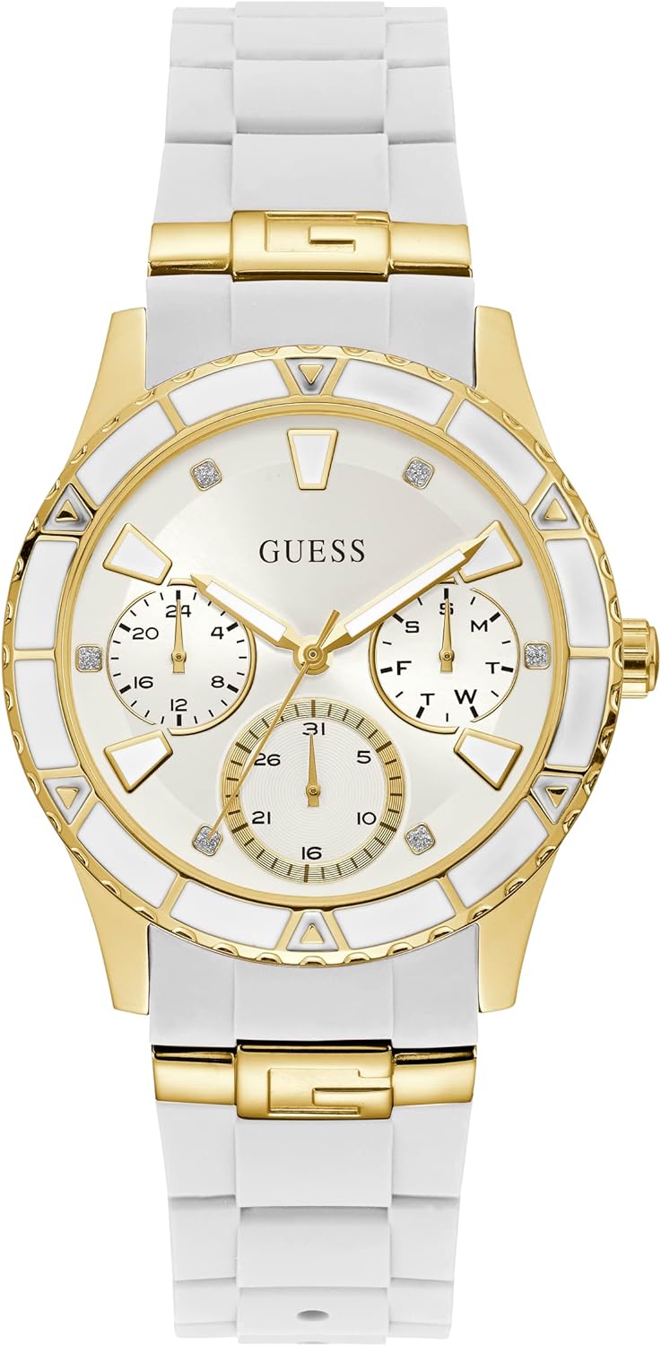 

Женские часы GUESS из золотистого и культового красного силикона, устойчивые к пятнам, White/Gold Tone/White, Позолоченный, Женские часы GUESS из золотистого и культового красного силикона, устойчивые к пятнам, White/Gold Tone/White