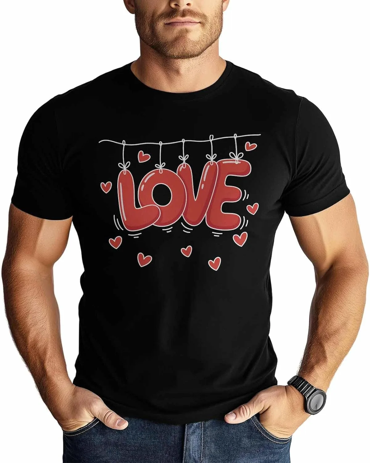 

Футболка для мужчин, Red Love Hearts, с круглым вырезом, хлопок NITBANLA