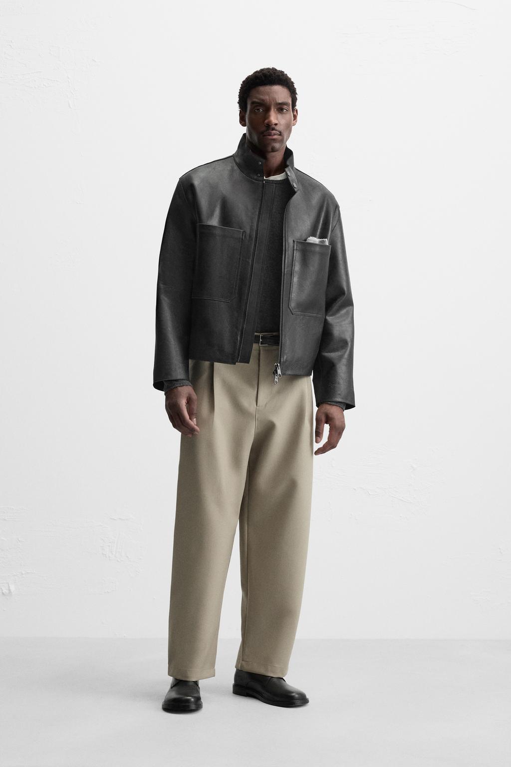 

Кожаная куртка с карманами ZARA, черный