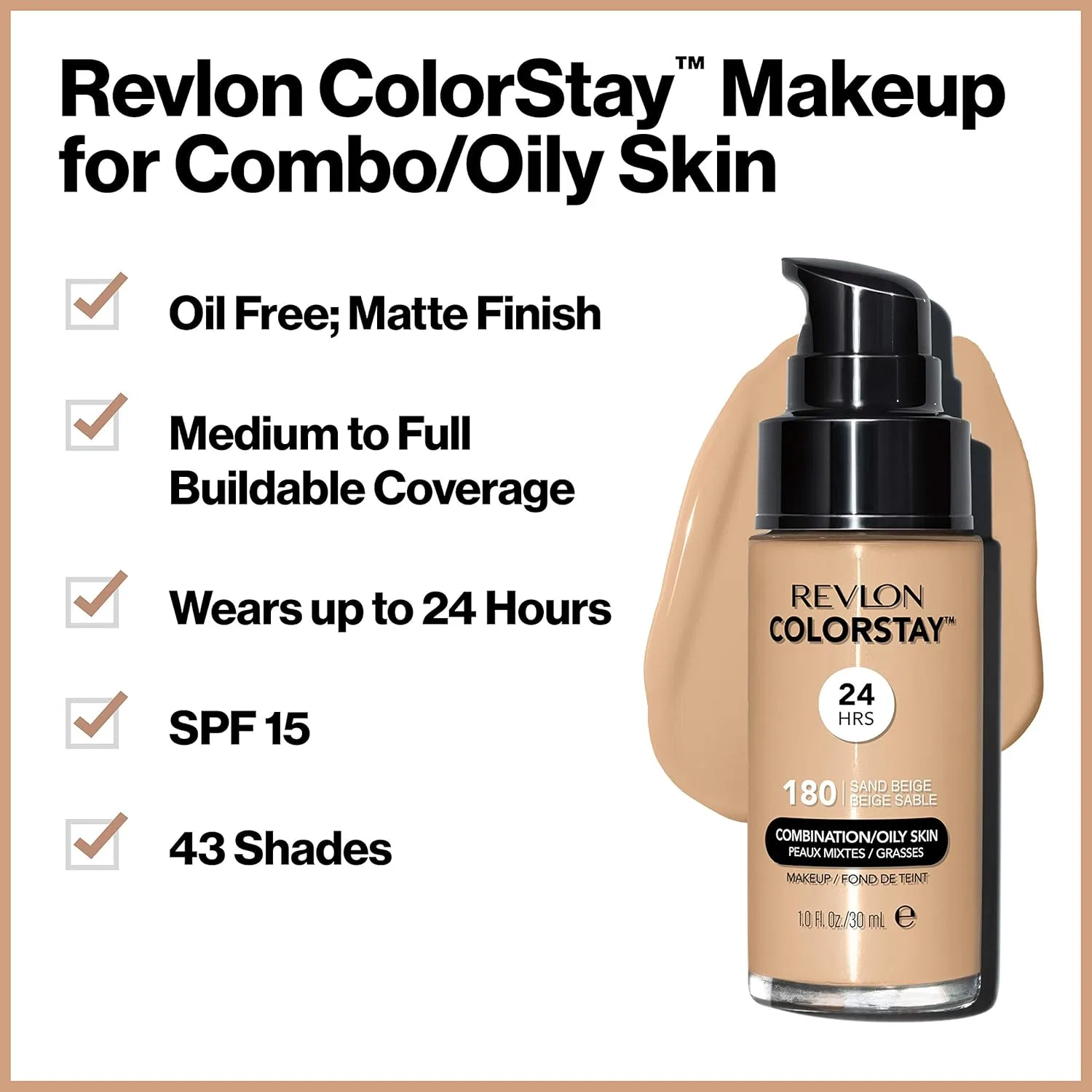 Жидкая тональная основа «Colorstay» SPF 15 от Revlon, оттенок Cappuccino Revlon, 410 Cappuccino — фото 3