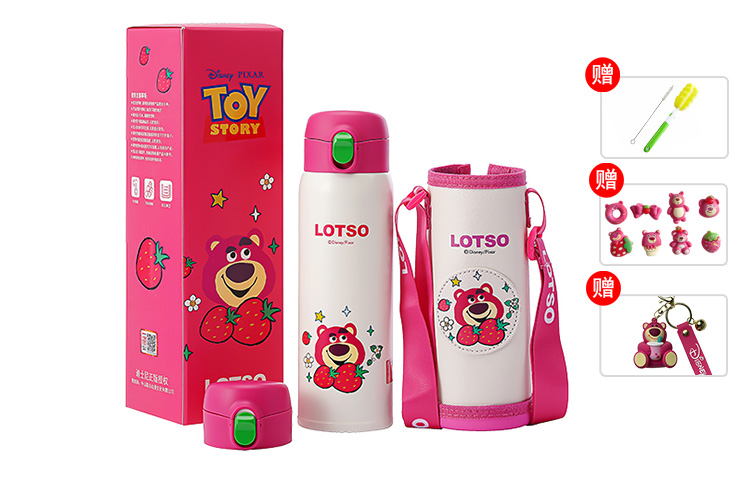 Детский термос Strawberry Bear Disney «2-в-1», 500 мл, Lotso, ершик для чашки + ершик для трубочки + 3D-стикеры + брелок