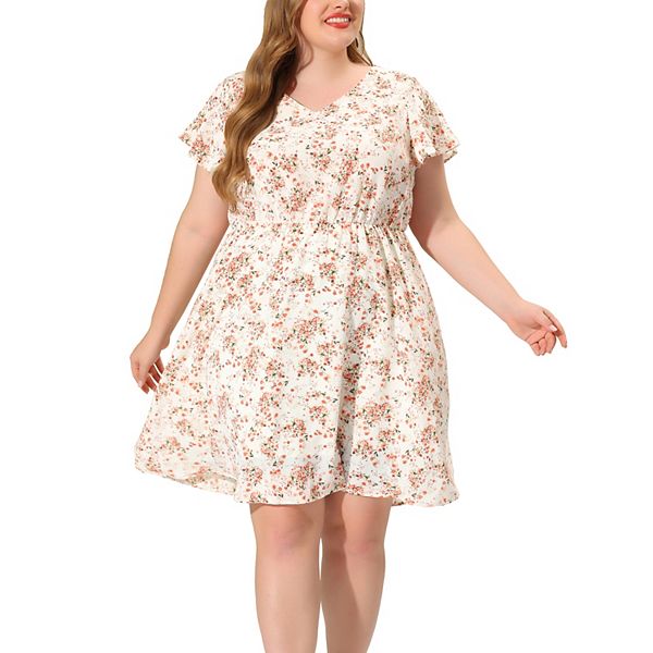 

Платье женское plus size с рюшами, коротким рукавом и цветочным принтом midi Agnes Orinda, Beige