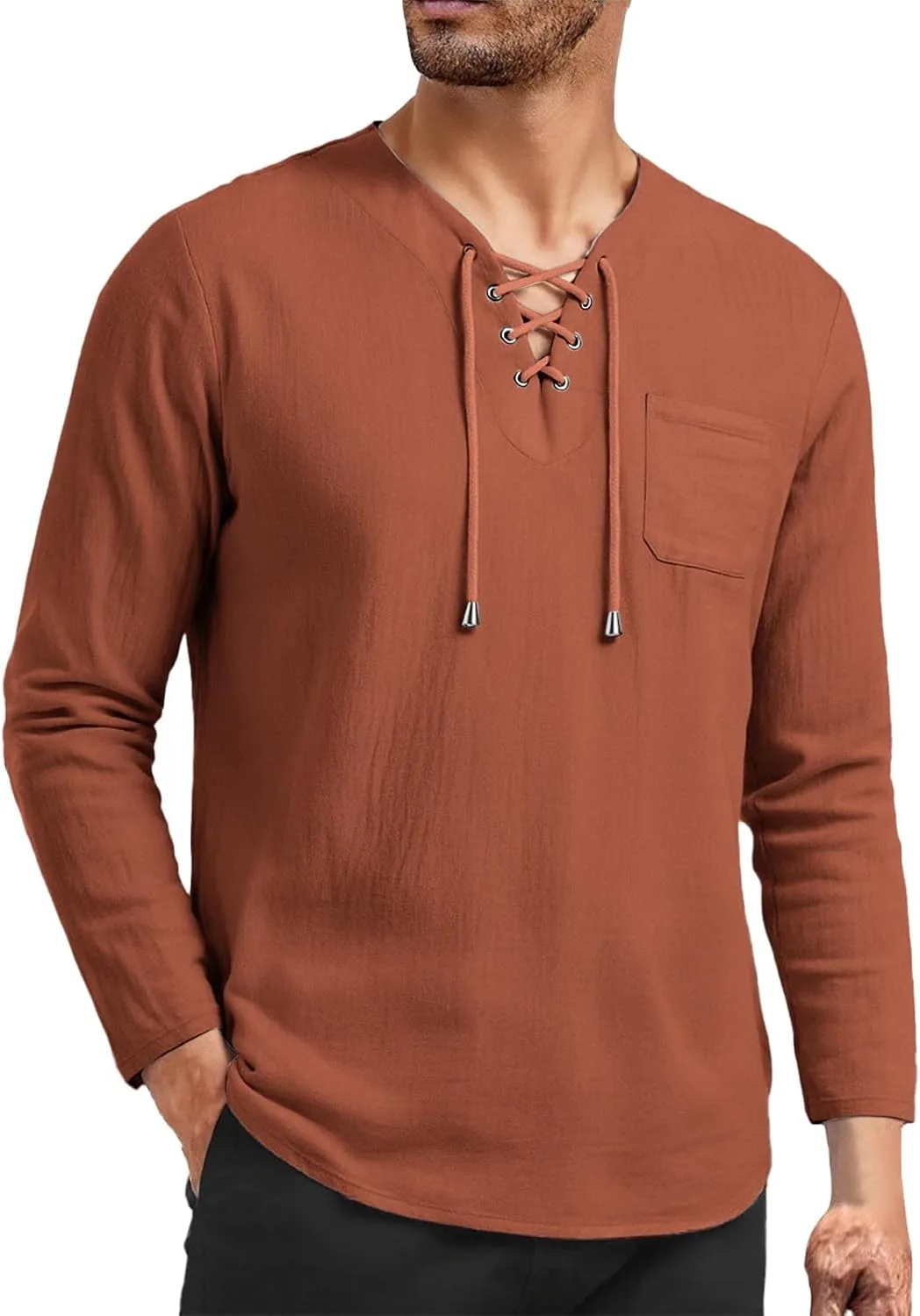 

Хлопковая льняная рубашка для мужчин с длинным рукавом и V-образным вырезом