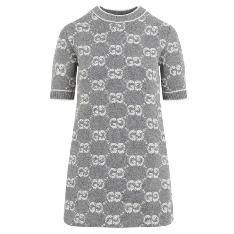 Платье Gucci с жаккардовым узором, шерстяное букле, серый