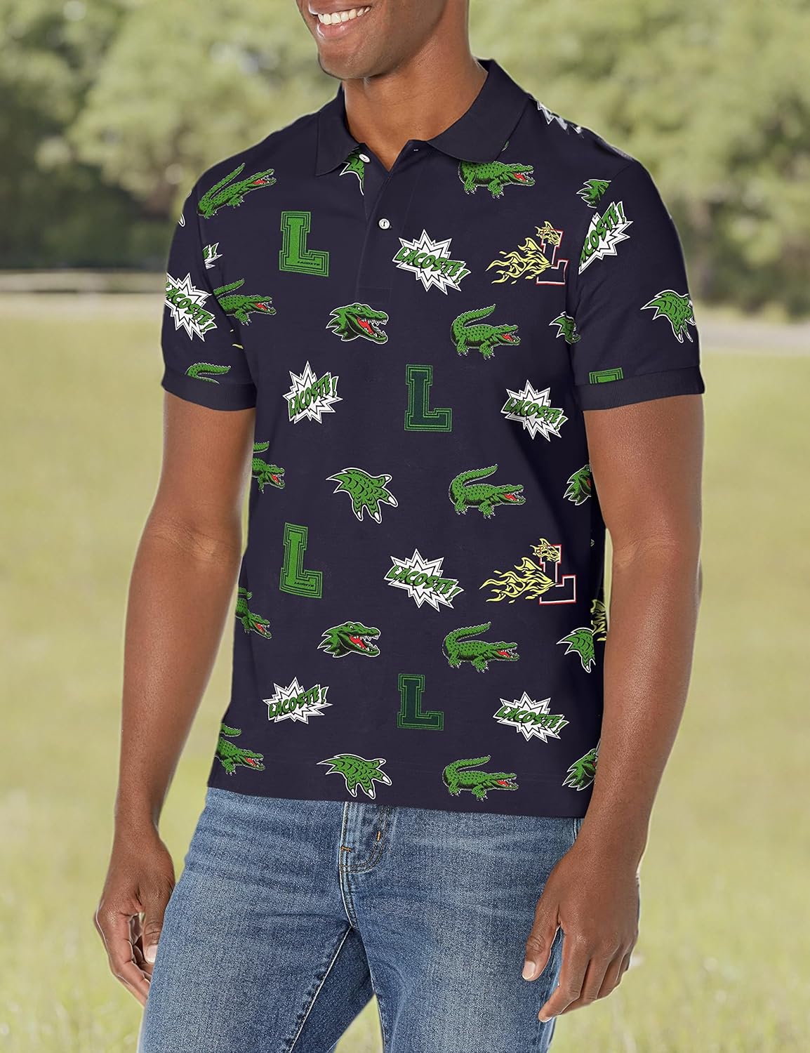Мужская праздничная футболка-поло Lacoste Regular Fit с принтом крокодила, Marine/Multico — фото 3