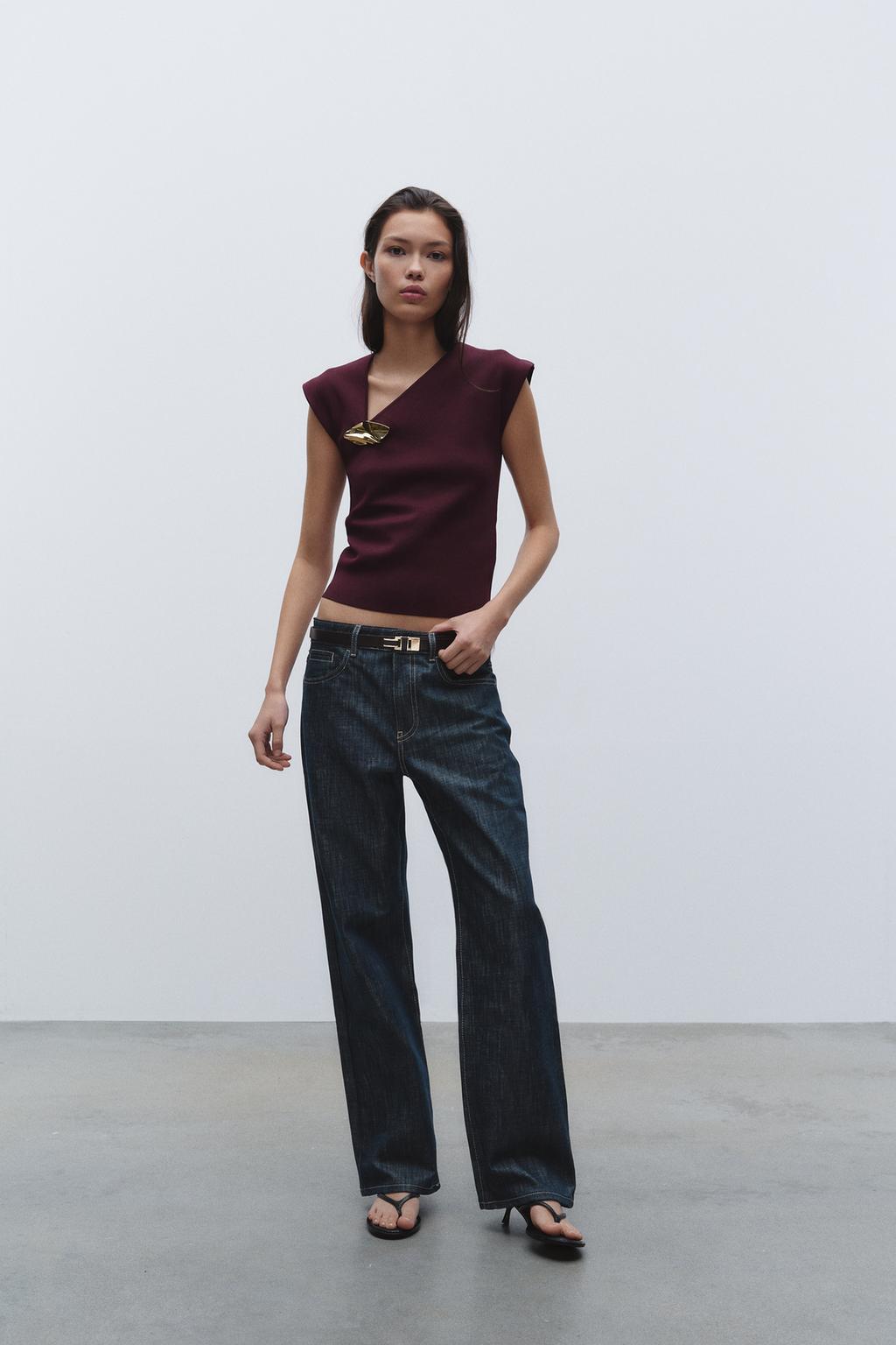 

Вязаный топ с золотистой аппликацией ZARA, бордовый