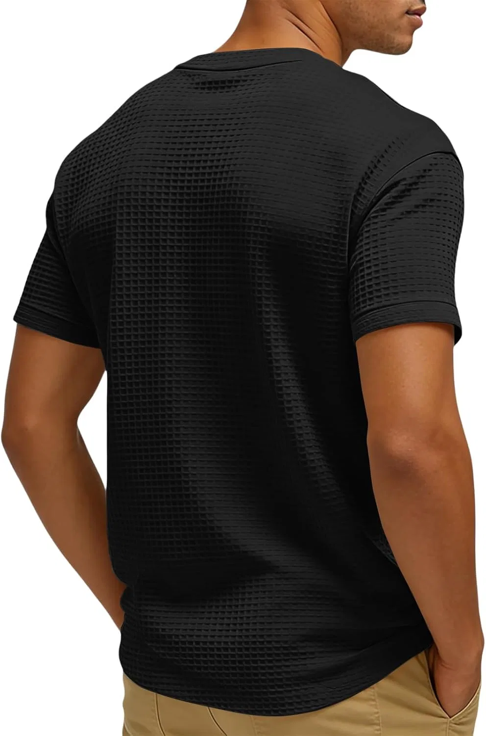 Мужская футболка с вафельной текстурой, свободный крой, Y004-black — фото 3