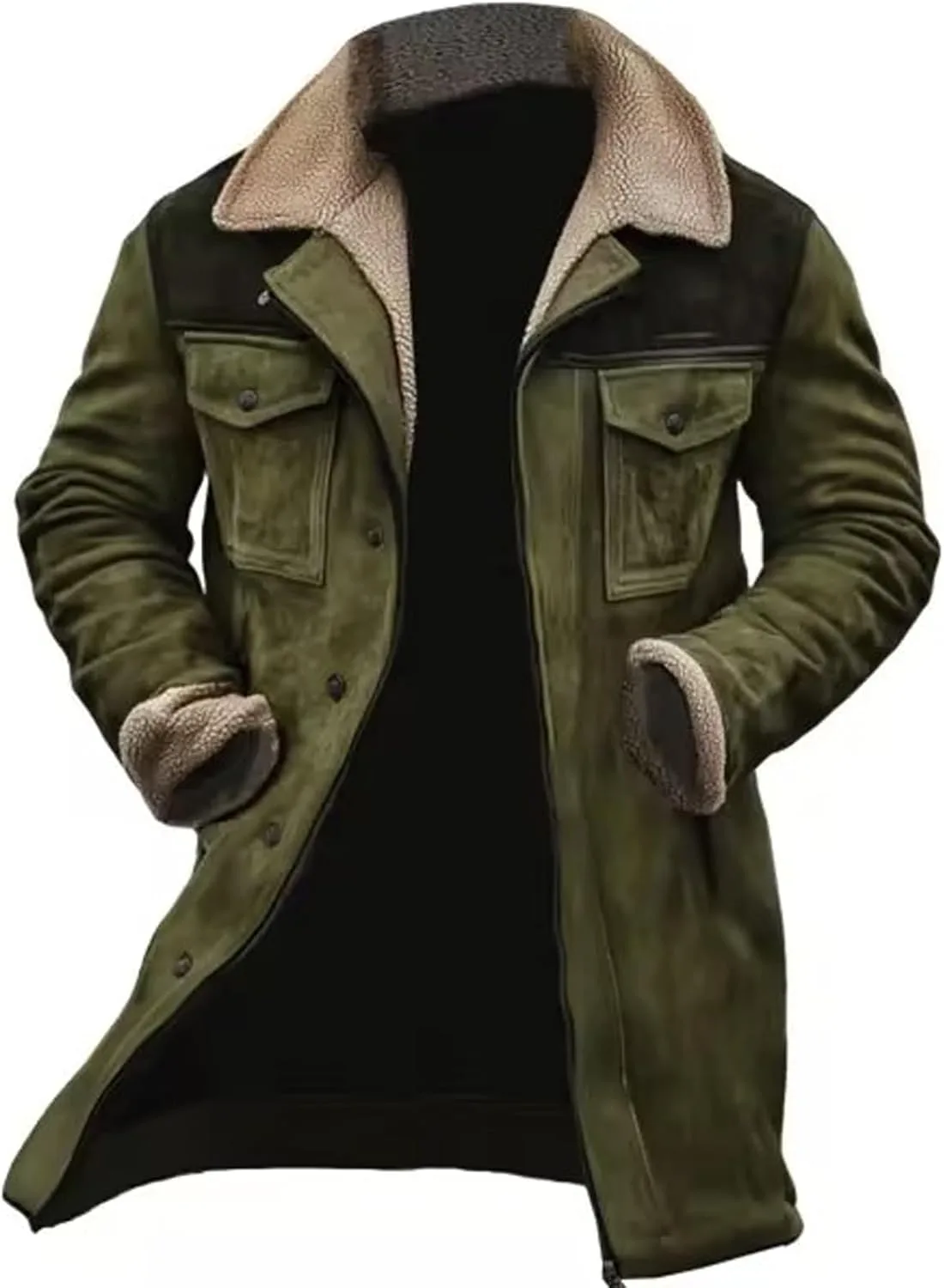 Мужская винтажная куртка из искусственной замши с меховым воротником, на пуговицах, в стиле ретро с карманами Generic, зеленый — фото 3