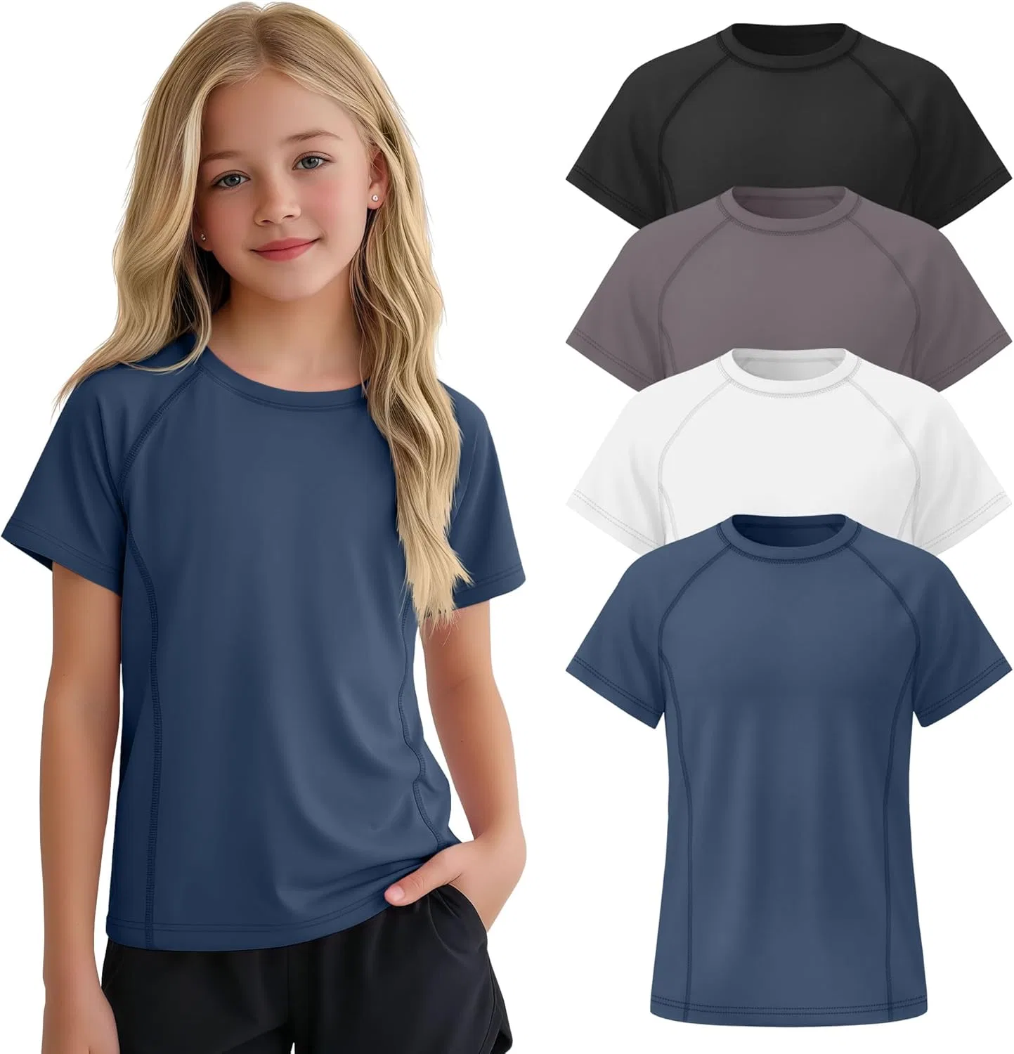 Комплект футболок для девочек, быстросохнущие, LessonZoo, 4 шт, Haze Blue, White, Dark Gray, Black