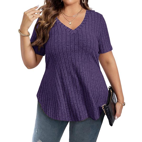 

Женская блузка plus size с v-образным вырезом, однотонная, легкая, с коротким рукавом Kojooin, Purple