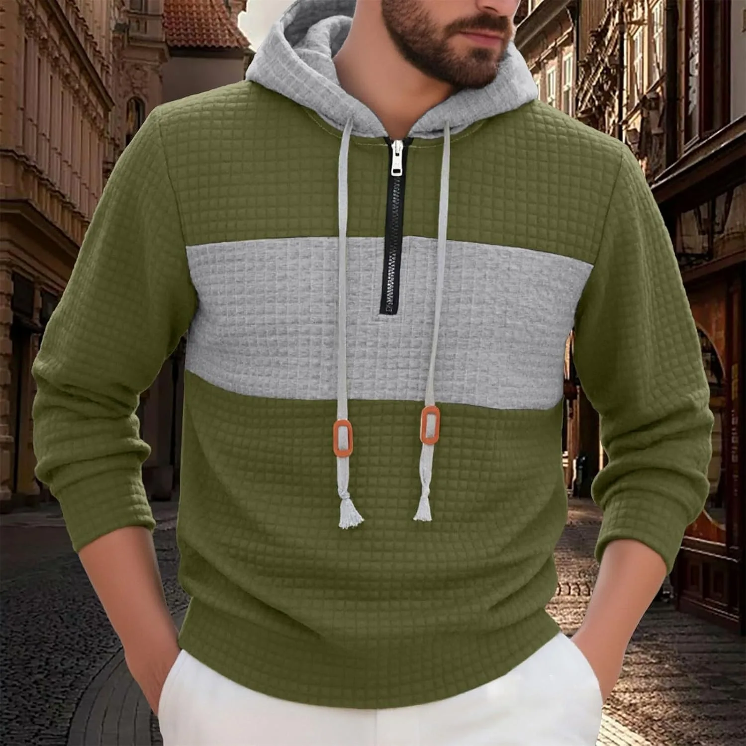 Толстовка с капюшоном для мужчин Color Block Slim Fit с молнией на четверть — фото 4