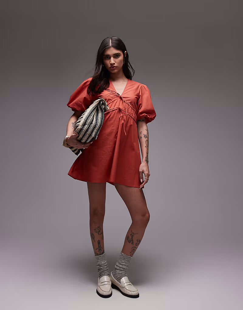 

Мини-платье Topshop с V-образным вырезом и рукавами-буфами цвета ржавчины