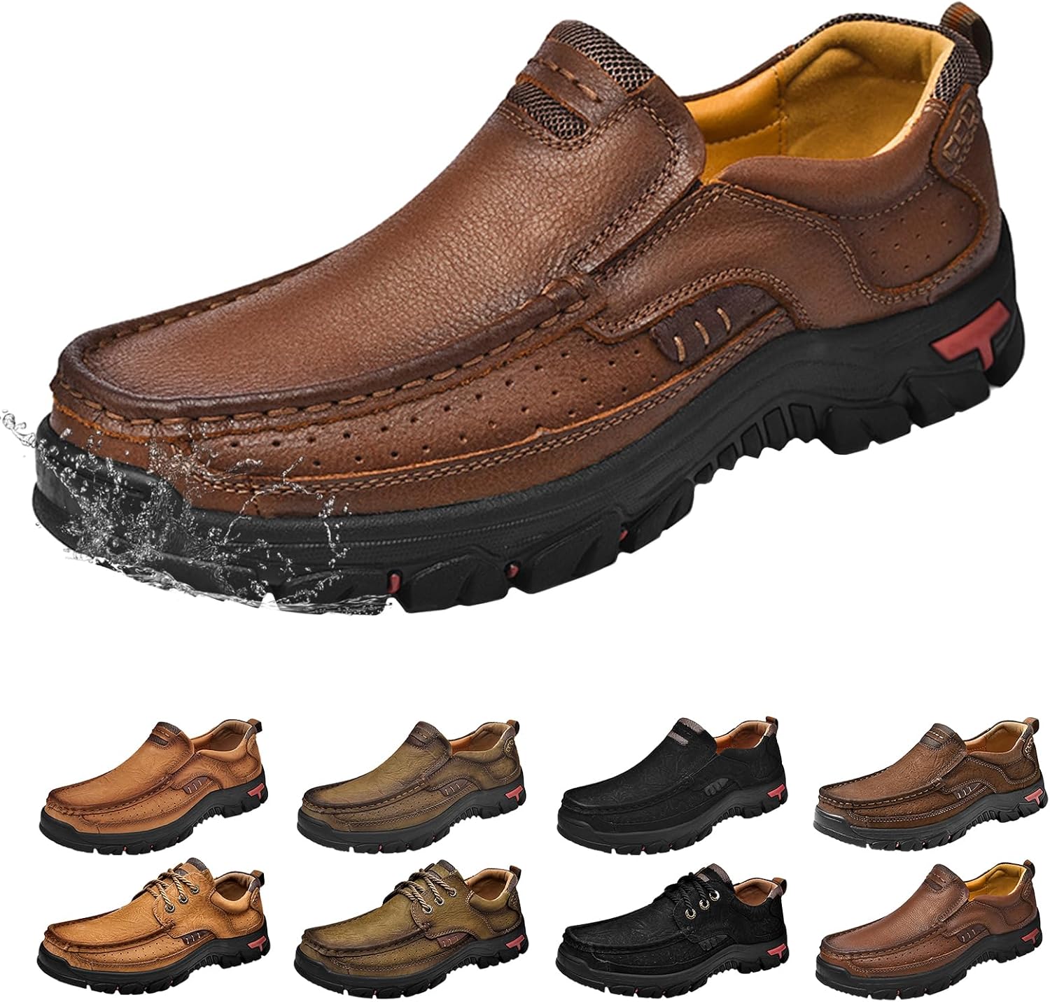 

Мужские кожаные повседневные лоферы без шнурков, дышащие обувь, нескользящие водонепроницаемые кроссовки, очень широкие удобные туфли для ходьбы для мужчин Generic, коричневый