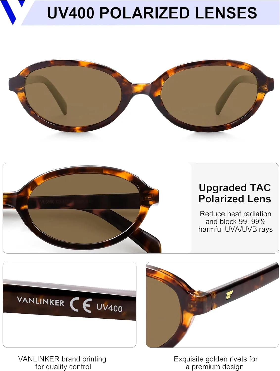 

Солнцезащитные очки VANLINKER Retro Oval Polarized для женщин, маленькие, узкие, в стиле 90-х, модные Y2k, модель VL9890, C3-polarized Light Brown Lens/Tortoise Frame