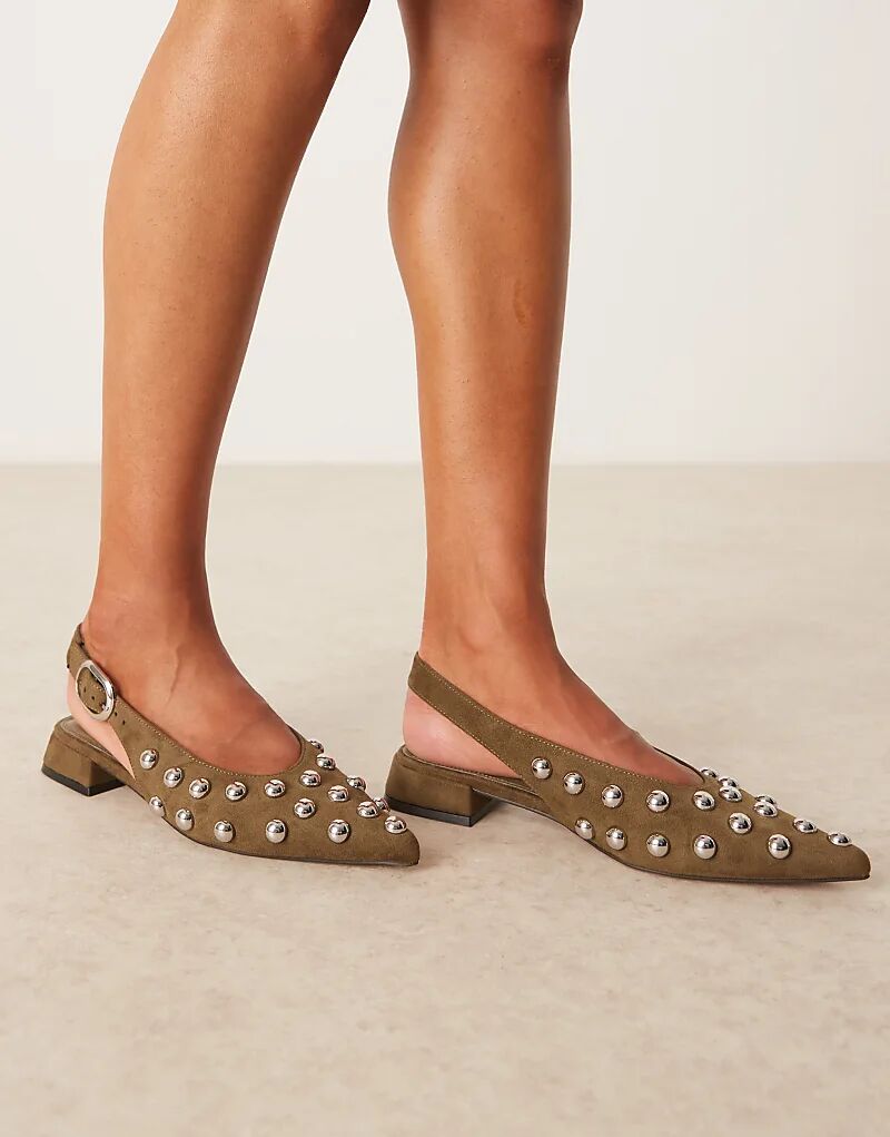 Балетки Leonora с открытой пяткой и заклепками из оливковой замши ASOS DESIGN — фото 3