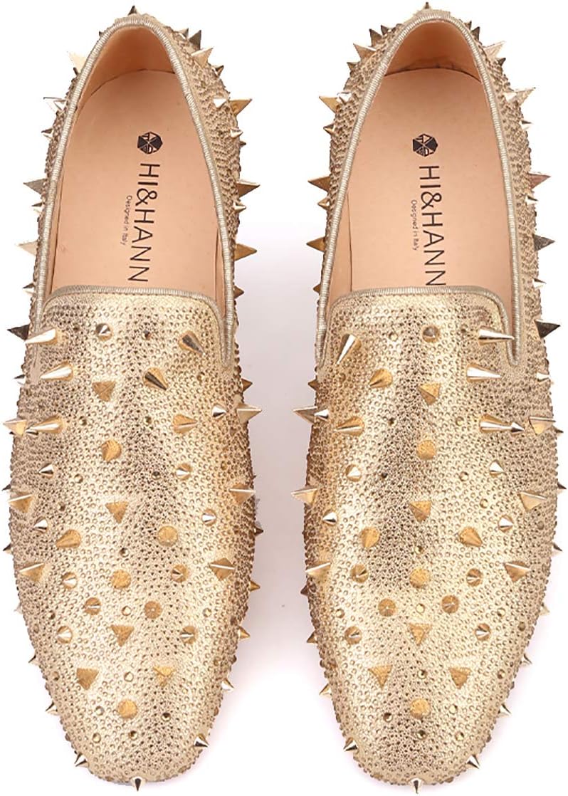

Мужские блестящие кожаные слипоны HIHANN Spikes and Diamonds, лоферы-смокинг Hi&Hann, золотой
