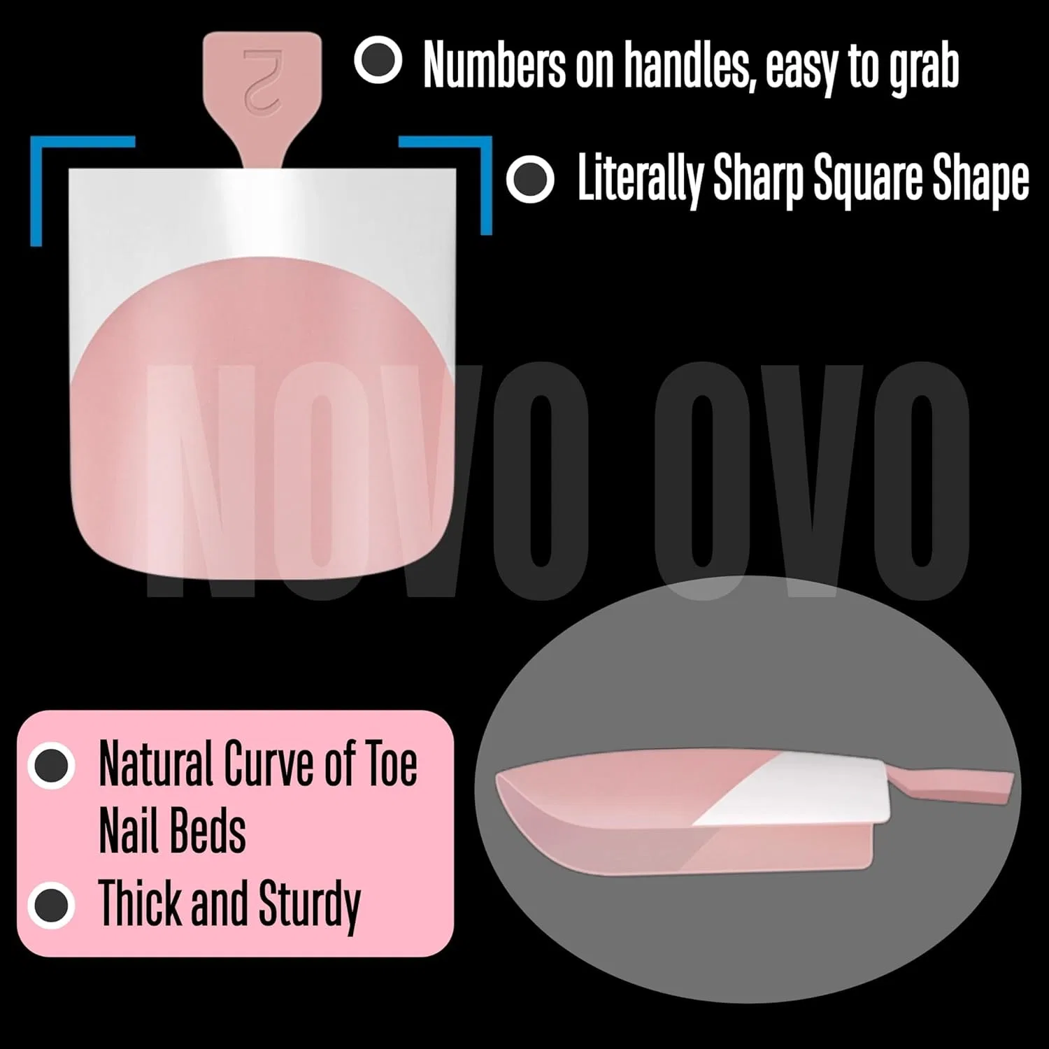 Накладные ногти для педикюра NOVO OVO Sharp Square (детский розовый), 240 шт. Novo Ovo, Square French Tip Toe Nail Tips Baby Pink Eu — фото 2