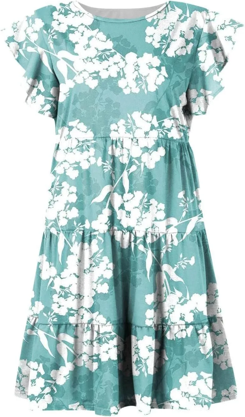 Женское платье с принтом для лета, короткое платье с оборками на рукавах, многослойное мини-платье, длина до колена, круглый вырез, цветочный принт, праздничное платье Generic, светло-голубой — фото 4
