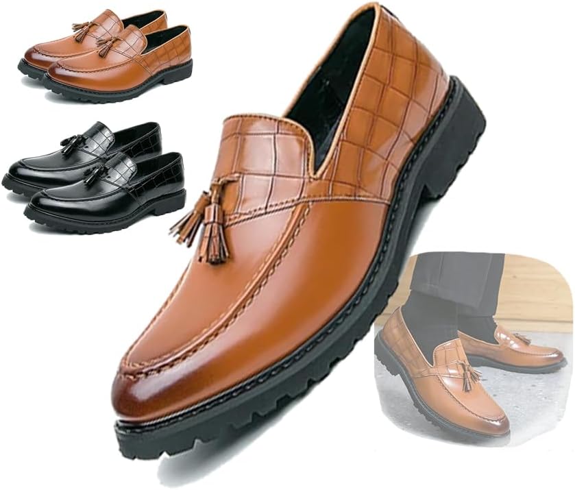 

Мужские клетчатые кожаные лоферы с кисточками, модные, на скользкой подошве, с круглым носком, деловая, повседневная, низкая обувь для офиса и прогулок Generic, Brown-a