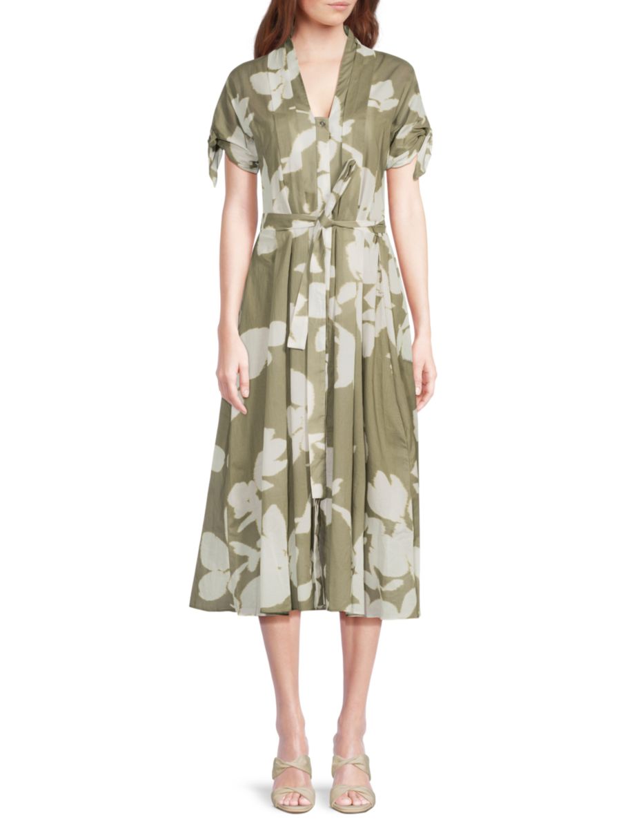 

Платье-рубашка из хлопка с цветочным принтом и поясом DKNY, цвет Green Multi