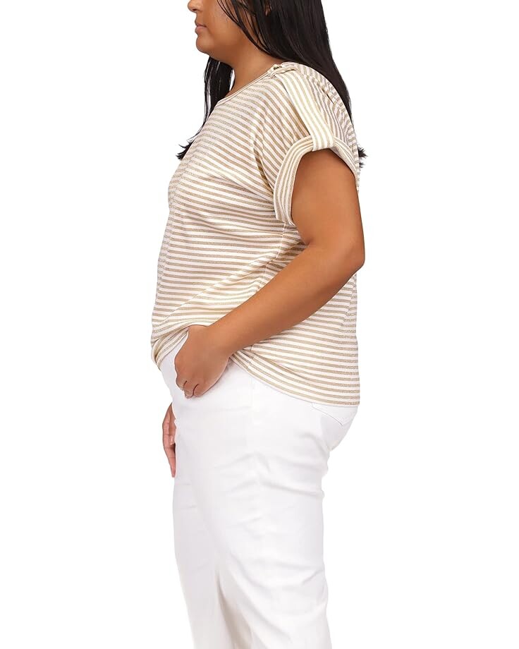 

Футболка Michael Kors Plus Size Stripe Snap Epaulette T-Shirt, цвет White/Gold
