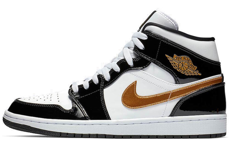 

Кроссовки Jordan 1 Mid Patent Black White Gold 2019