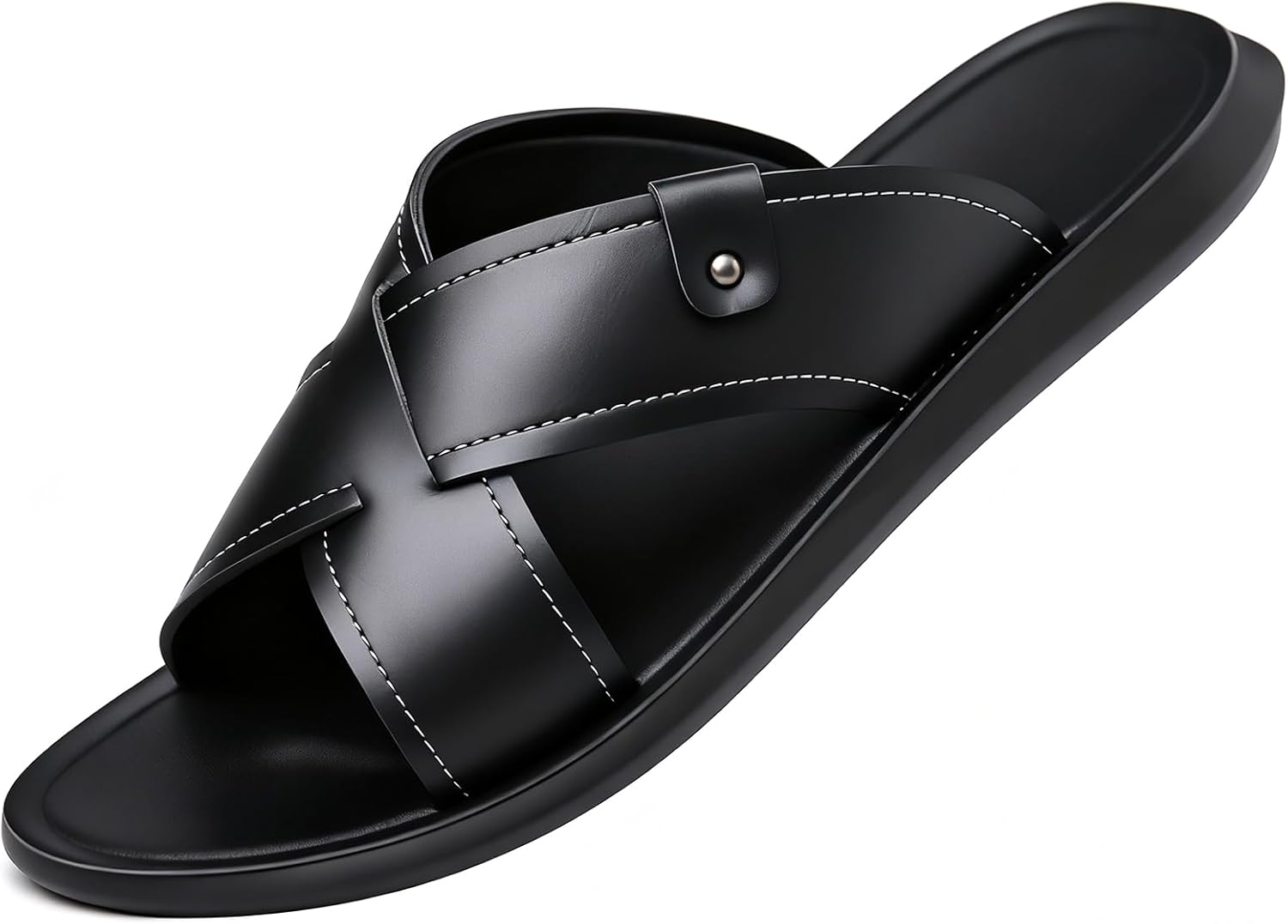 

Мужские кожаные пляжные сандалии BANGTEUO с плоской подошвой, удобной арочной поддержкой и противоскользящей подошвой, шлепанцы для отдыха на пляже, дома и на улице каждый день, черный