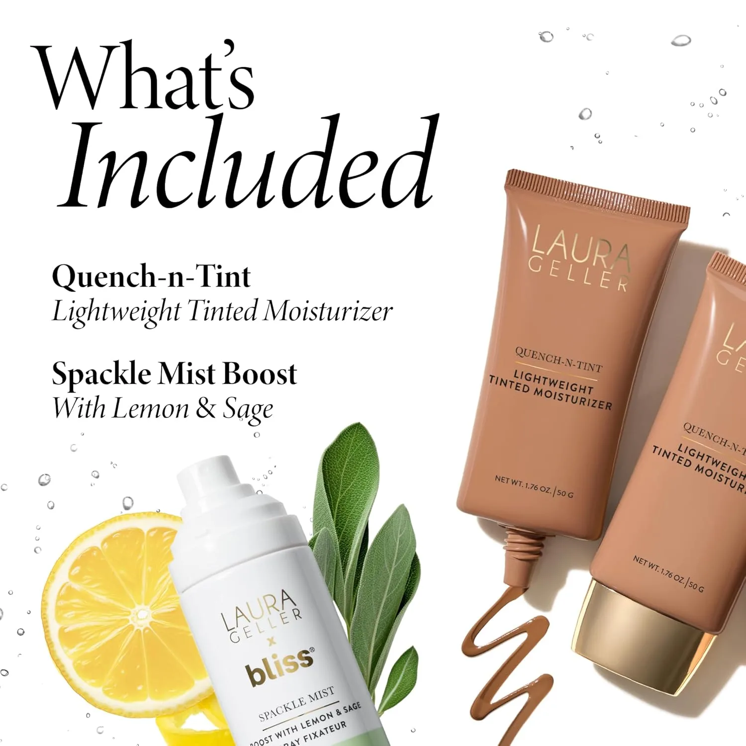 LAURA GELLER Spackle Mist Lemon & Sage + Quench-n-Tint: Dewy Makeup Setting Spray + Quench-n-Tint Foundation, Medium/Deep, Medium/Deep — фото 2