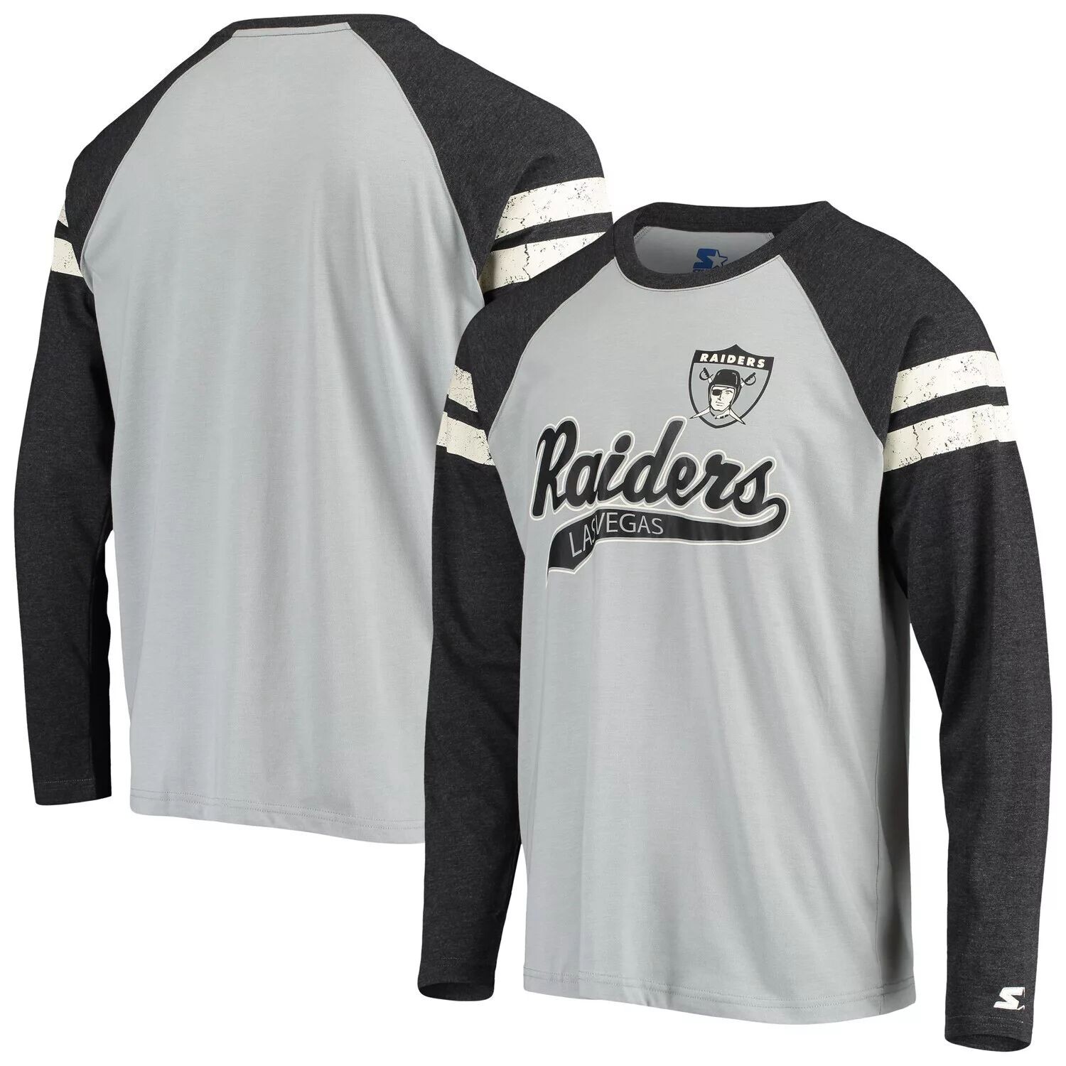 

Мужская стартовая серебристая/черная футболка Tri-Blend Las Vegas Raiders Throwback League реглан с длинными рукавами Starter
