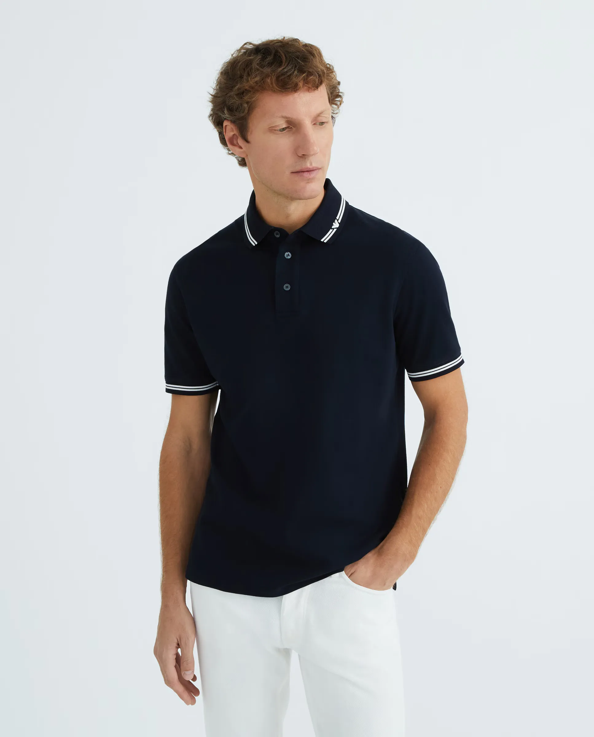 

Поло мужское с коротким рукавом, классический крой Emporio Armani, темно-синий
