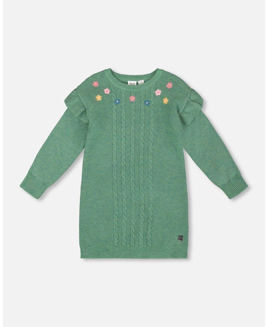 

Вязаное платье для девочек младшего возраста, шалфейно-зеленого цвета, с оборками и цветочной вышивкой - для малышей/детей Deux par Deux, Sage green