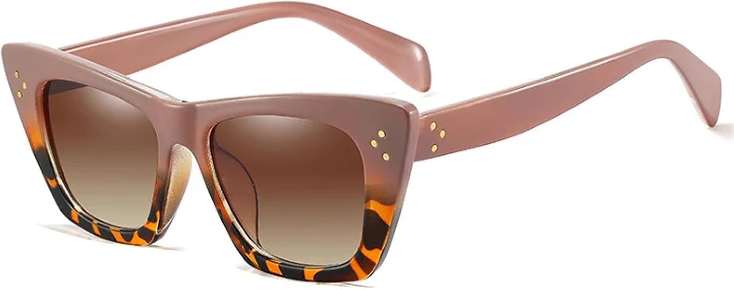 

Ретро большие солнцезащитные очки «кошачий глаз» с яркими линзами для женщин, градиентные, модные, с заклепками, мужские солнцезащитные очки UV400 TVTBBVV, Pink Leopard Tea