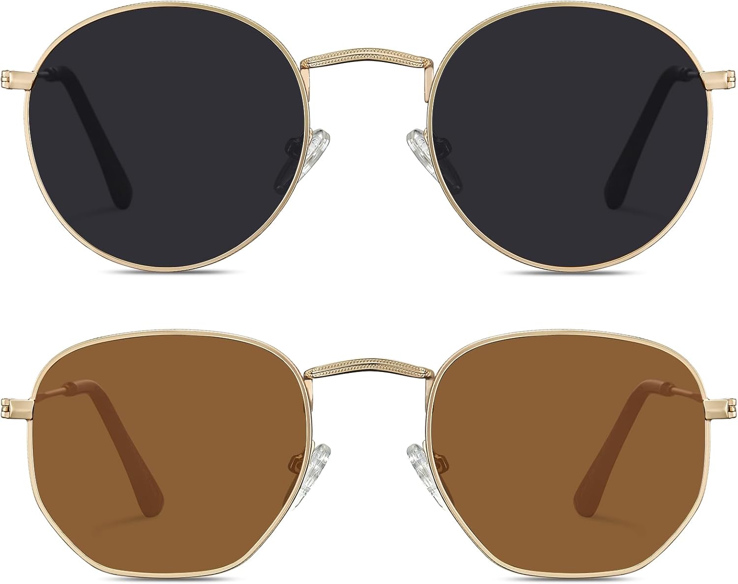 

Комплект из 2 ультралегких поляризованных солнцезащитных очков STGATN для женщин и мужчин - круглые и шестиугольные - защита от УФ-излучения для активного отдыха и повседневного ношения, 2. Round Gold Grey + Hexagon Gold Brown