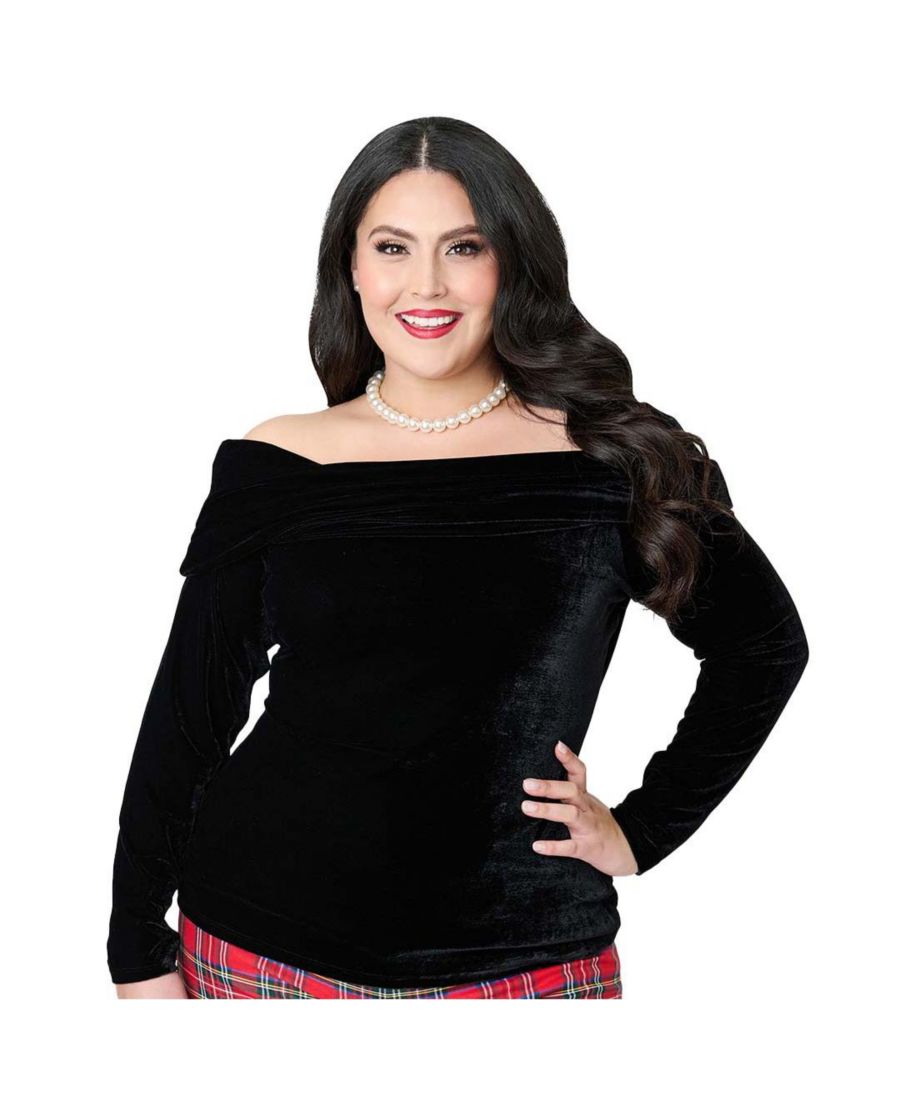 

Вязаный топ большого размера с длинными рукавами и отворотом на плечах Unique Vintage, Black velvet