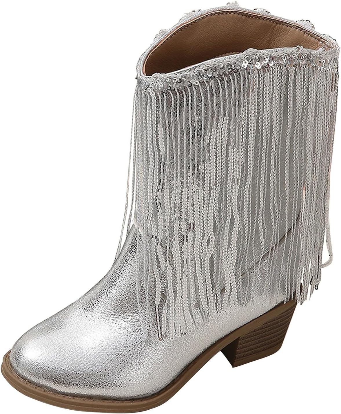 

Детские ковбойские ботинки с бахромой и боковой молнией для девочек, водонепроницаемые мокасины, плоская обувь для улицы, слипоны Generic, серебро