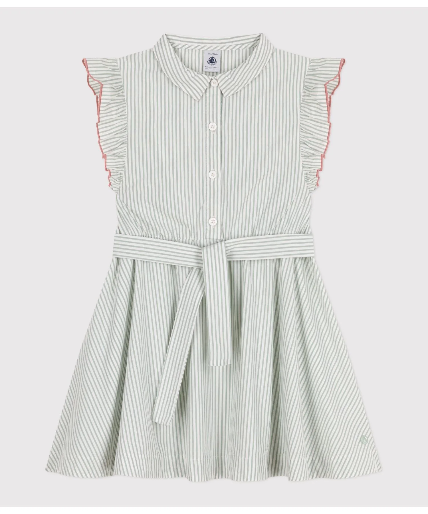 Детское платье с рюшами на рукавах и поясом-лентой PETIT BATEAU бело-зелёное — фото 4