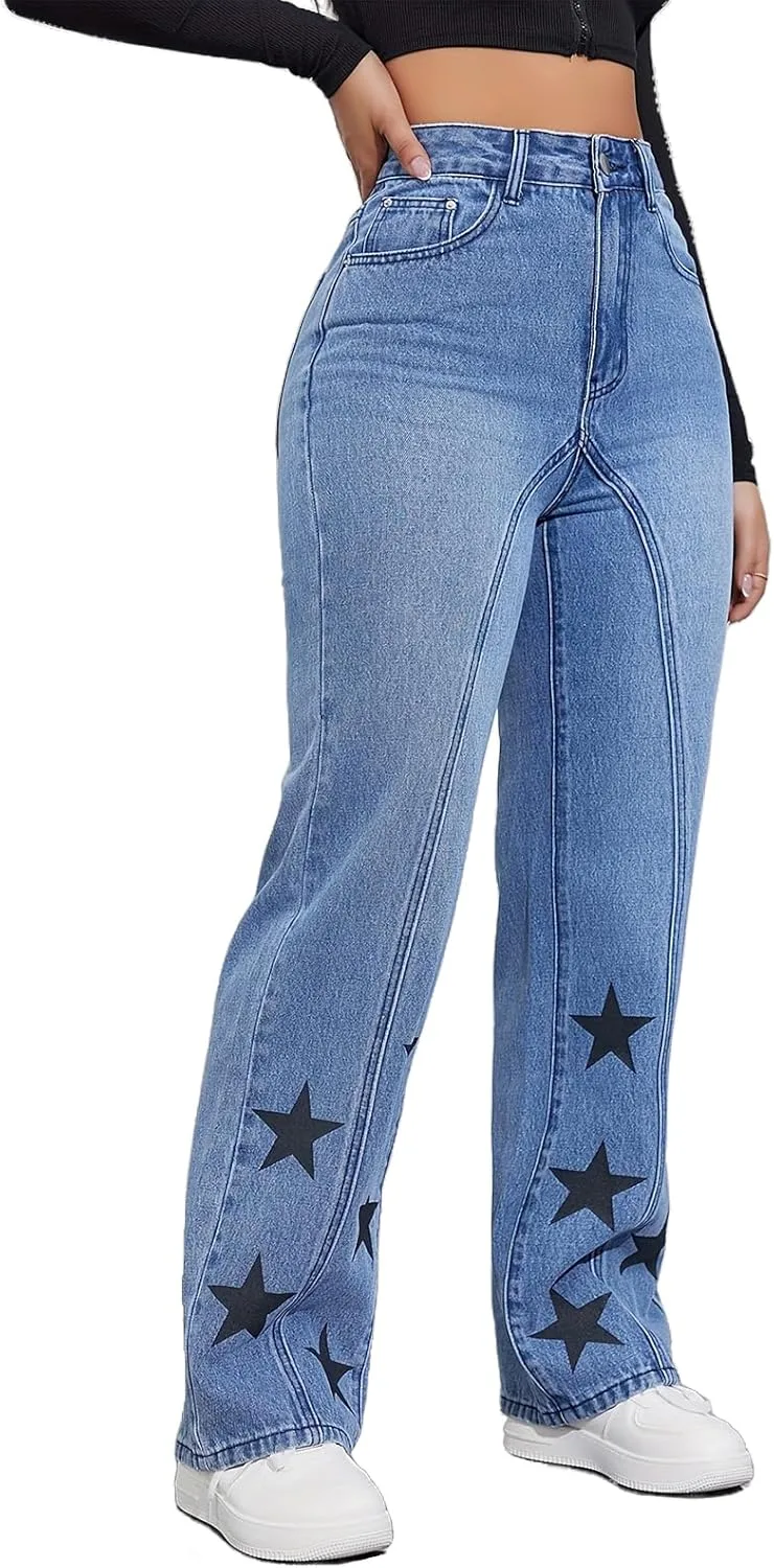 

Джинсы Y2K с широкими штанинами для женщин, высокие, с принтом звезд Djeanxa