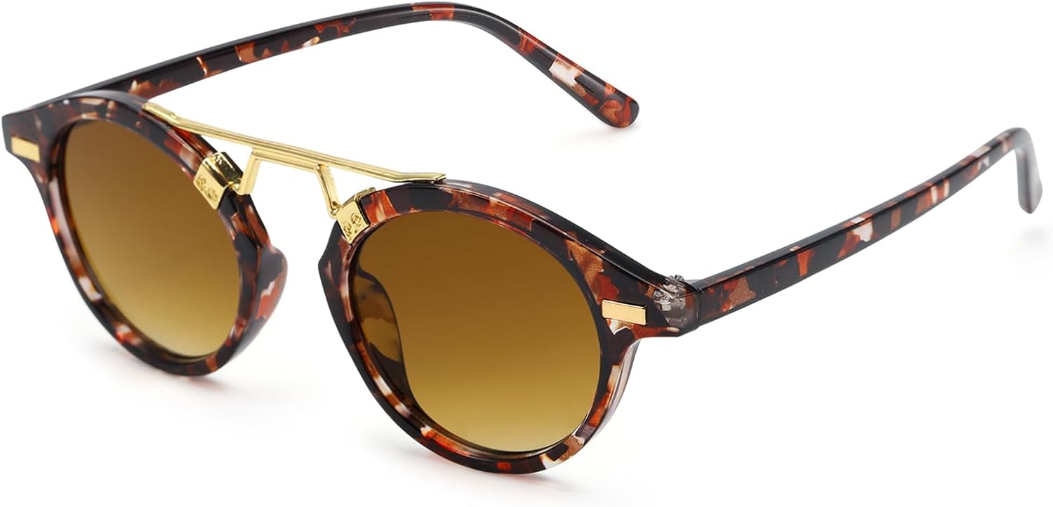 

Солнцезащитные очки SODQW для женщин, маленькие, с защитой от УФ-излучения, круглые, в стиле ретро, ​​с двойной перемычкой, не спутываются. Модные женские очки, A01- Tortoise/Gradual Brown