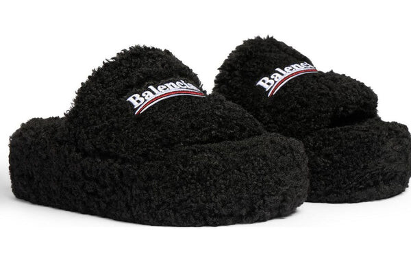 Тапочки furry platform sandals 'black fake shearling white and red political campaign embroideries' Balenciaga, черный — фото 4