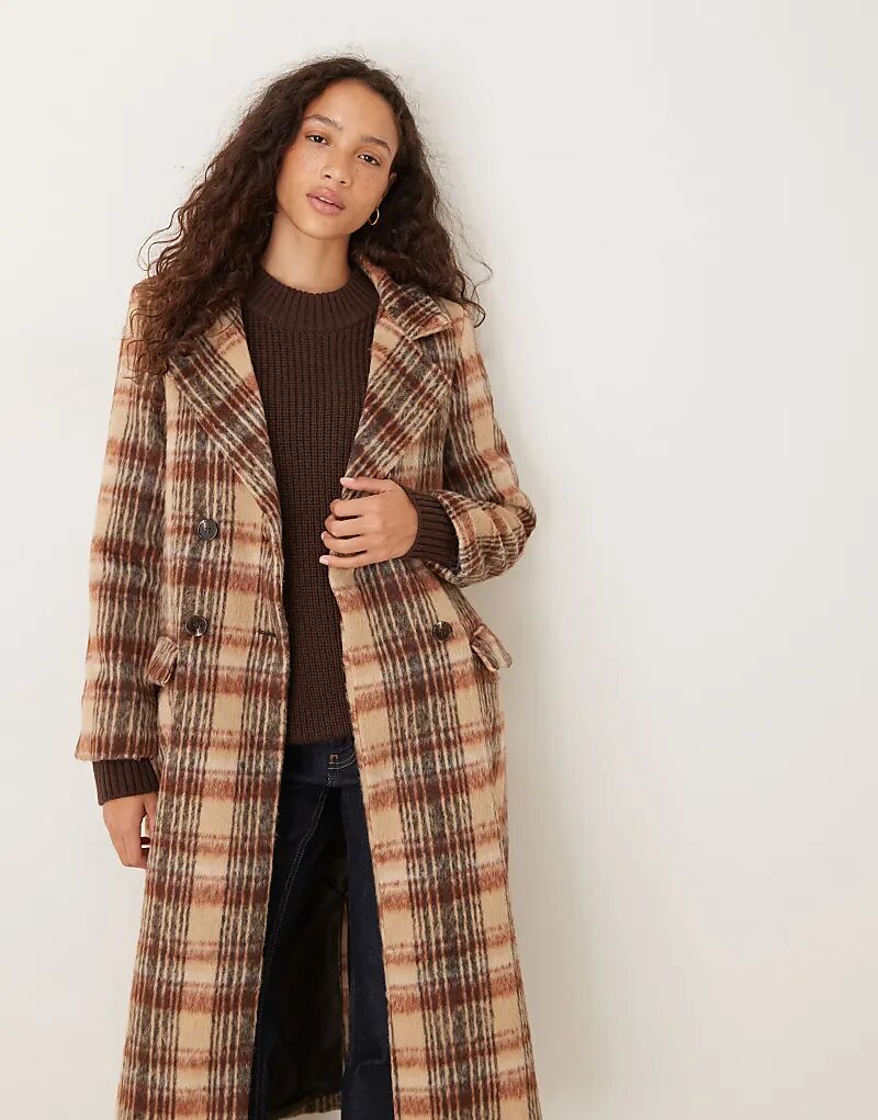 

Brave Soul Двубортное пальто в длинную клетку из искусственной шерсти коричневого цвета