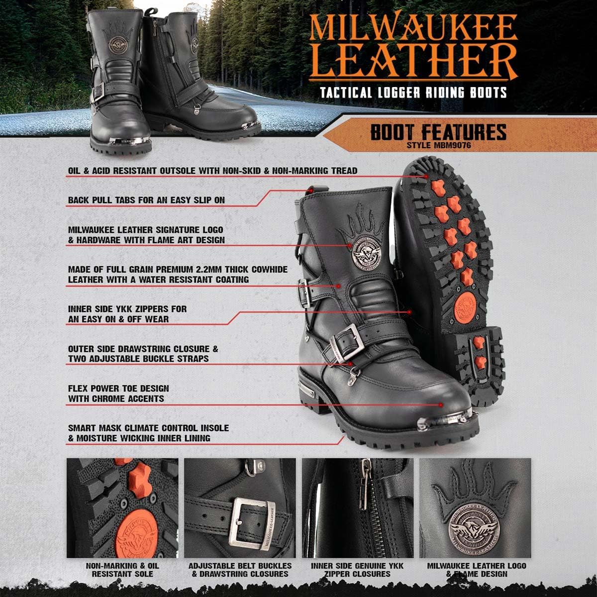 Milwaukee Leather MBM9076 мужские черные тактические кожаные ботинки Logger с усилением пряжки - 10, черный — фото 2