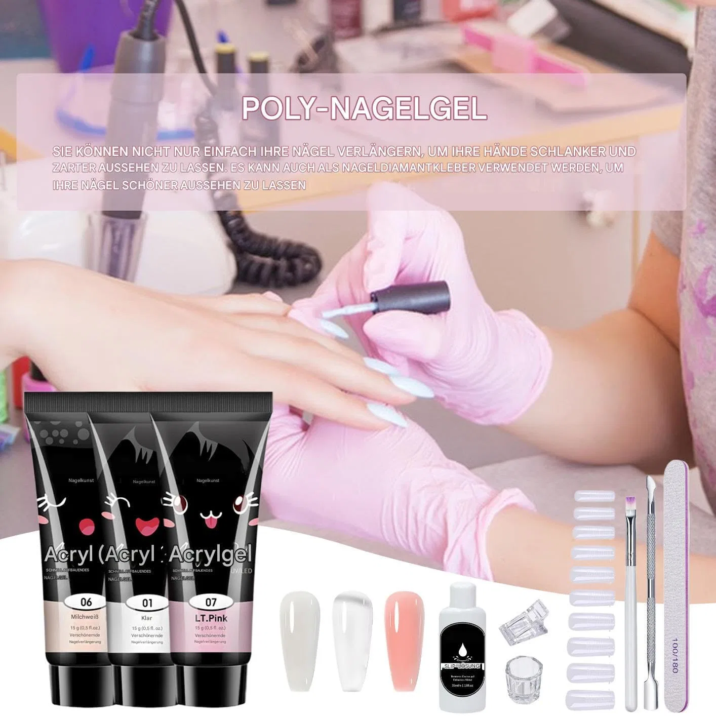 Набор для наращивания ногтей Poly Extension Gel, 3 цвета с УФ-лампой Wusideday — фото 3