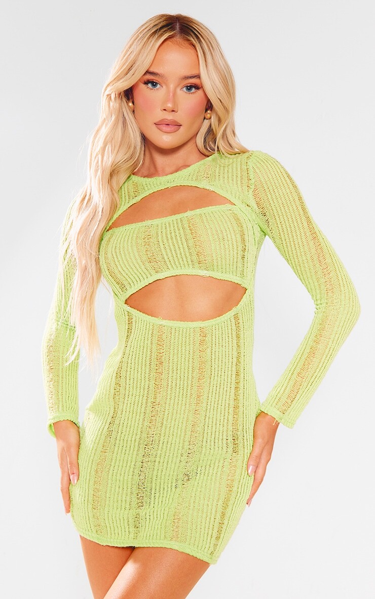 

PrettyLittleThing Облегающее платье Lime с вырезами и длинными рукавами